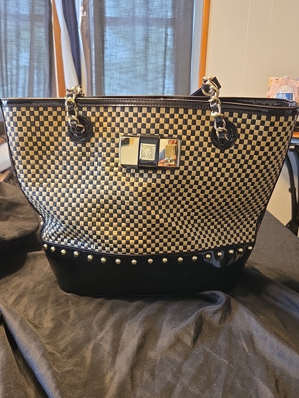 Anne Klein Black & Cream Checker Tote with Gold Accents